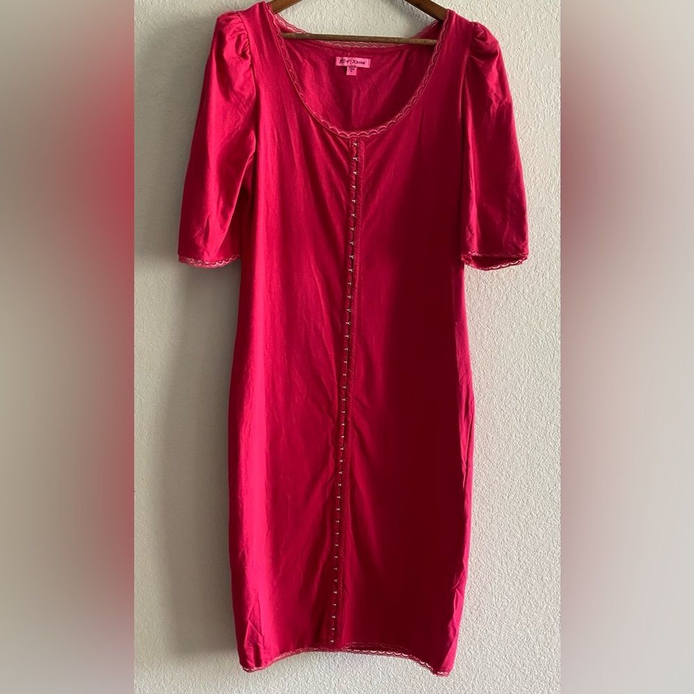 Betsey Johnson Hot Pink Dress with Lace Hook Front Corset Puff Sleeves MIDI XL